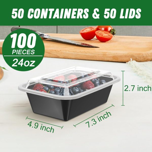50 Pack (100-Piece) 24 oz Meal Prep Containers Reusable with Lids, Sturdy Leakproof & Food Safe, Microwave, Freezer, Dishwasher Safe Food Prep Containers, To Go Take Out Plastic Food Storage - Image 2