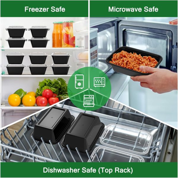 50 Pack (100-Piece) 24 oz Meal Prep Containers Reusable with Lids, Sturdy Leakproof & Food Safe, Microwave, Freezer, Dishwasher Safe Food Prep Containers, To Go Take Out Plastic Food Storage - Image 5