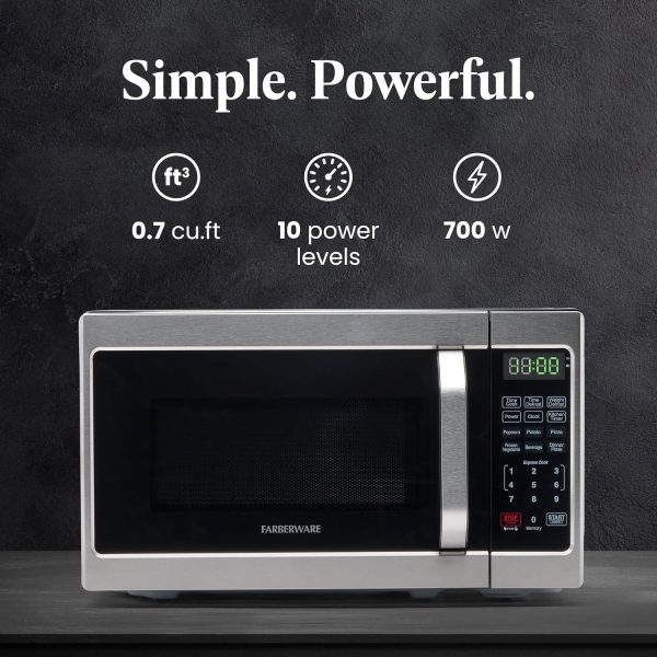 Farberware Countertop Microwave 700 Watts, 0.7 Cu. Ft. - Microwave Oven With LED Lighting and Child Lock - Perfect for Apartments and Dorms - Easy Clean Stainless Steel - Image 2