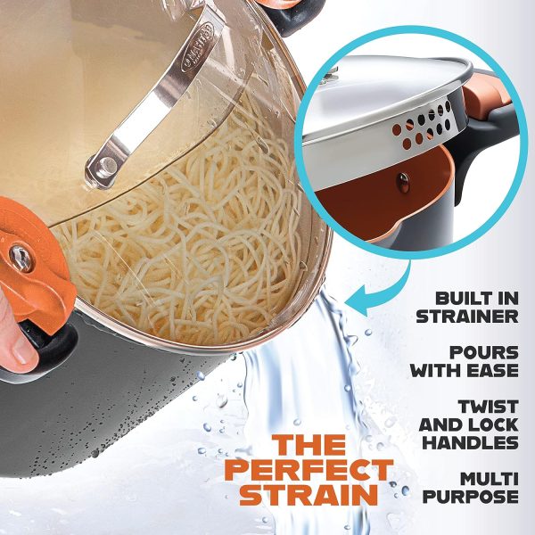 Gotham Steel 5 Quart Stock Pot Multipurpose Pasta Pot with Strainer Lid & Twist and Lock Handles, Nonstick Ceramic Surface Makes for Effortless Cleanup with Tempered Glass Lid, Dishwasher Safe - Image 2