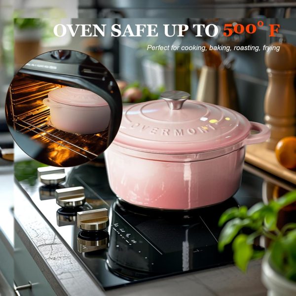 Overmont Enameled Cast Iron Dutch Oven - 5.5QT Pot with Lid Cookbook & Cotton Potholders - Heavy-Duty Cookware for Braising, Stews, Roasting, Bread Baking pink - Image 4
