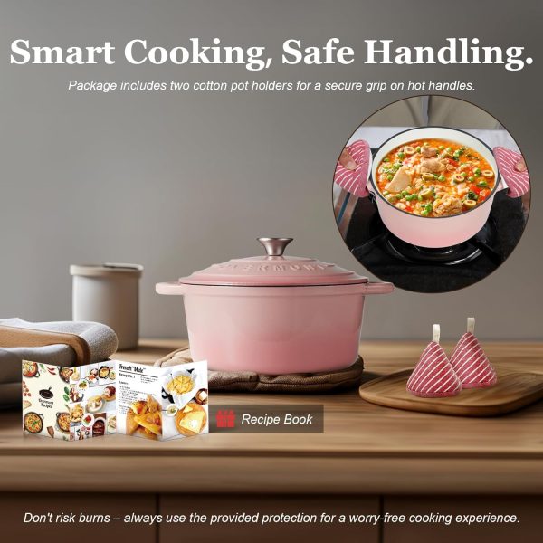 Overmont Enameled Cast Iron Dutch Oven - 5.5QT Pot with Lid Cookbook & Cotton Potholders - Heavy-Duty Cookware for Braising, Stews, Roasting, Bread Baking pink - Image 6