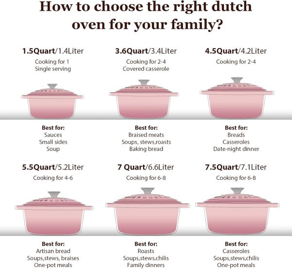 Overmont Enameled Cast Iron Dutch Oven - 5.5QT Pot with Lid Cookbook & Cotton Potholders - Heavy-Duty Cookware for Braising, Stews, Roasting, Bread Baking pink - Image 7