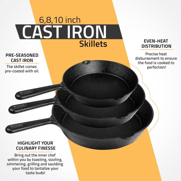Utopia Kitchen Saute Fry Pan - Pre-Seasoned Cast Iron Skillet Set 3-Piece - Frying Pan - 6 Inch, 8 Inch and 10 Inch Cast Iron Set (Black) - Image 3