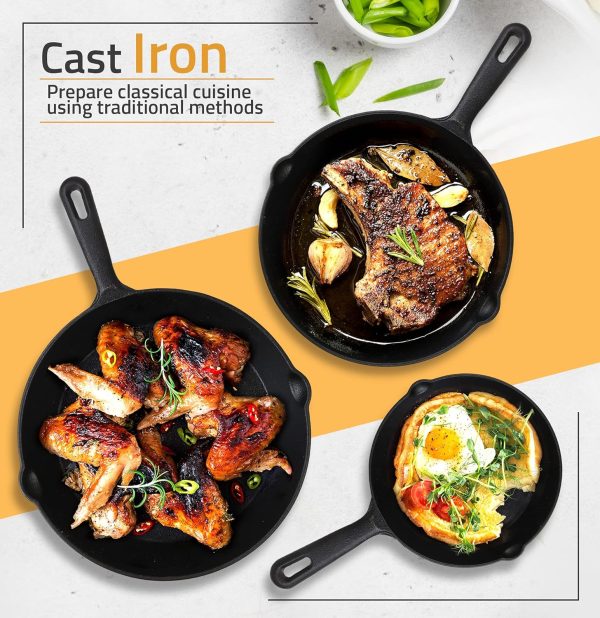 Utopia Kitchen Saute Fry Pan - Pre-Seasoned Cast Iron Skillet Set 3-Piece - Frying Pan - 6 Inch, 8 Inch and 10 Inch Cast Iron Set (Black) - Image 4